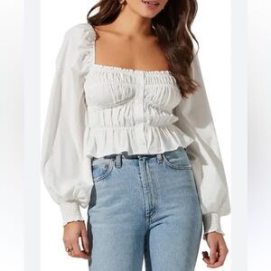 ASTR the Label White Smocked Square Neck Long Billowy Sleeve Crop Top Blouse XS